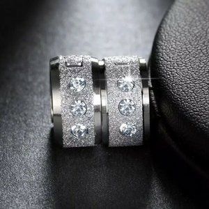 Mens Silver Stainless Steel Diamond Zircon Frosted Sandblast Hoop Earrings 14mm